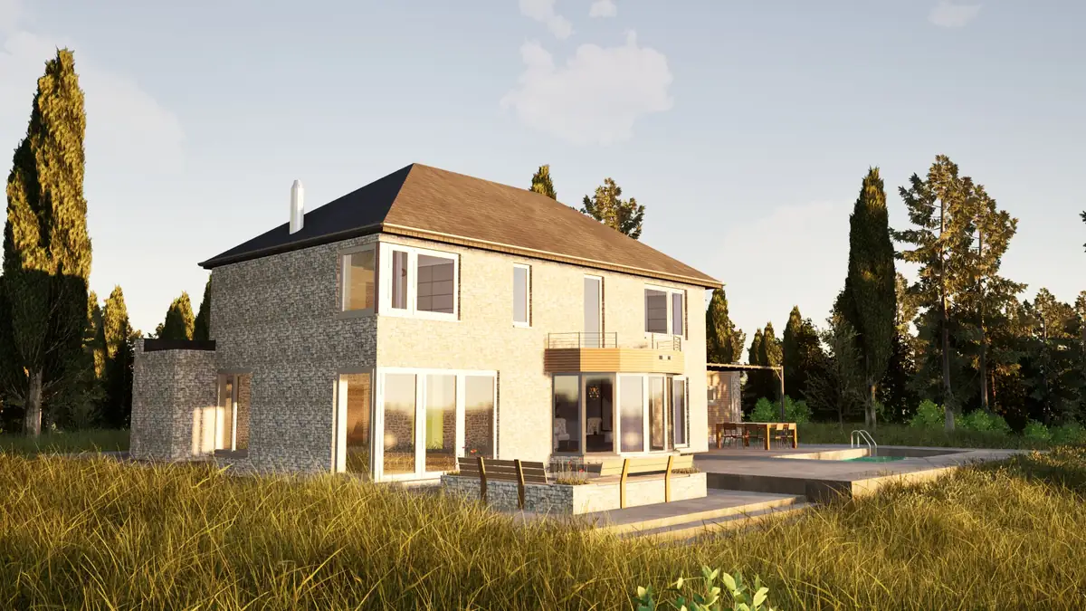 Rendu 3D extérieur d'une villa à façade dans un environnement végétalisé