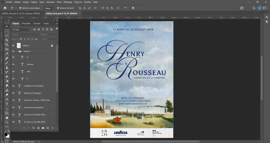 Capture d'écran du travail de l'affiche Henry Rousseau dans Photoshop
